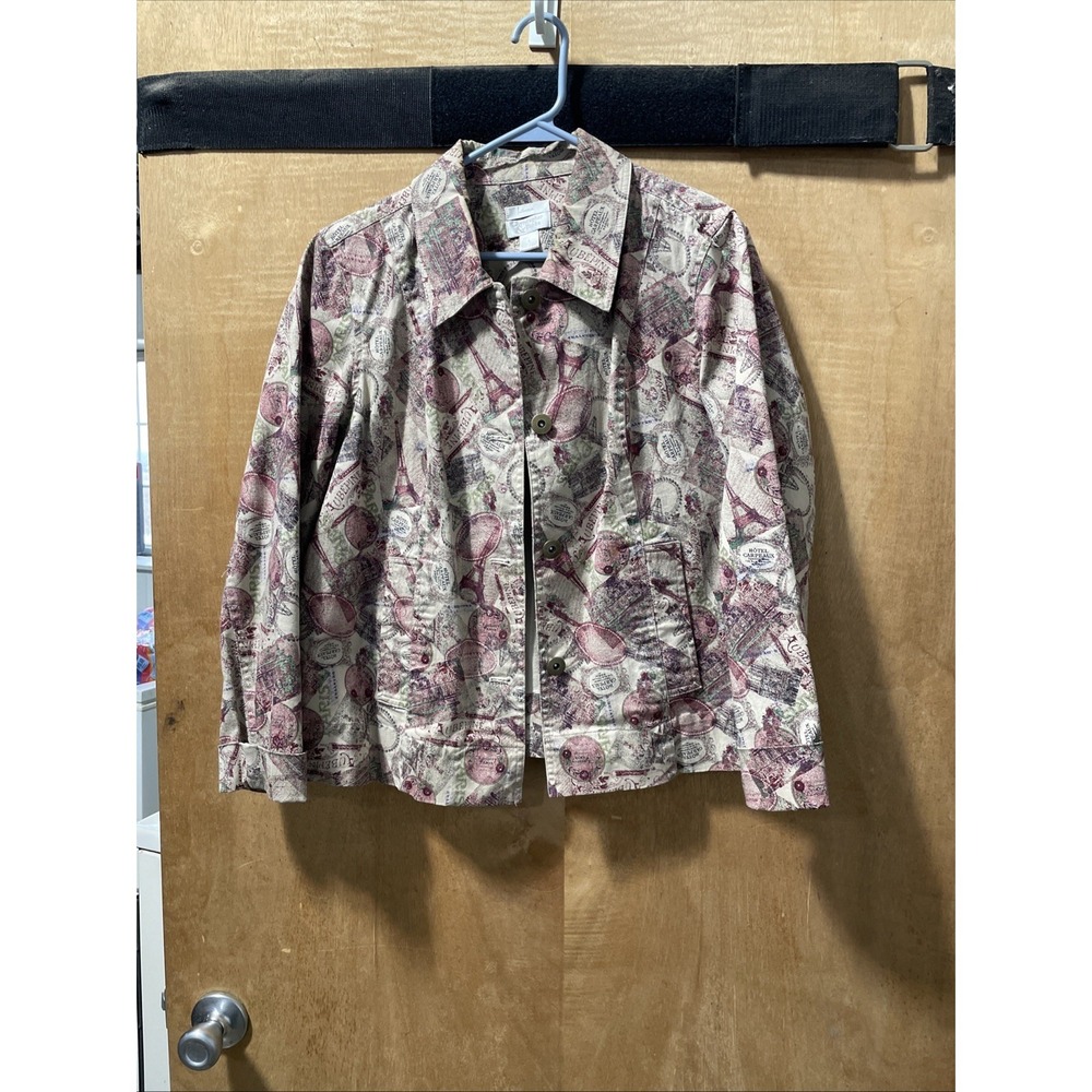 Christopher & Banks Stretch Paris Print Jean Jacket Beautiful Women Sz Large